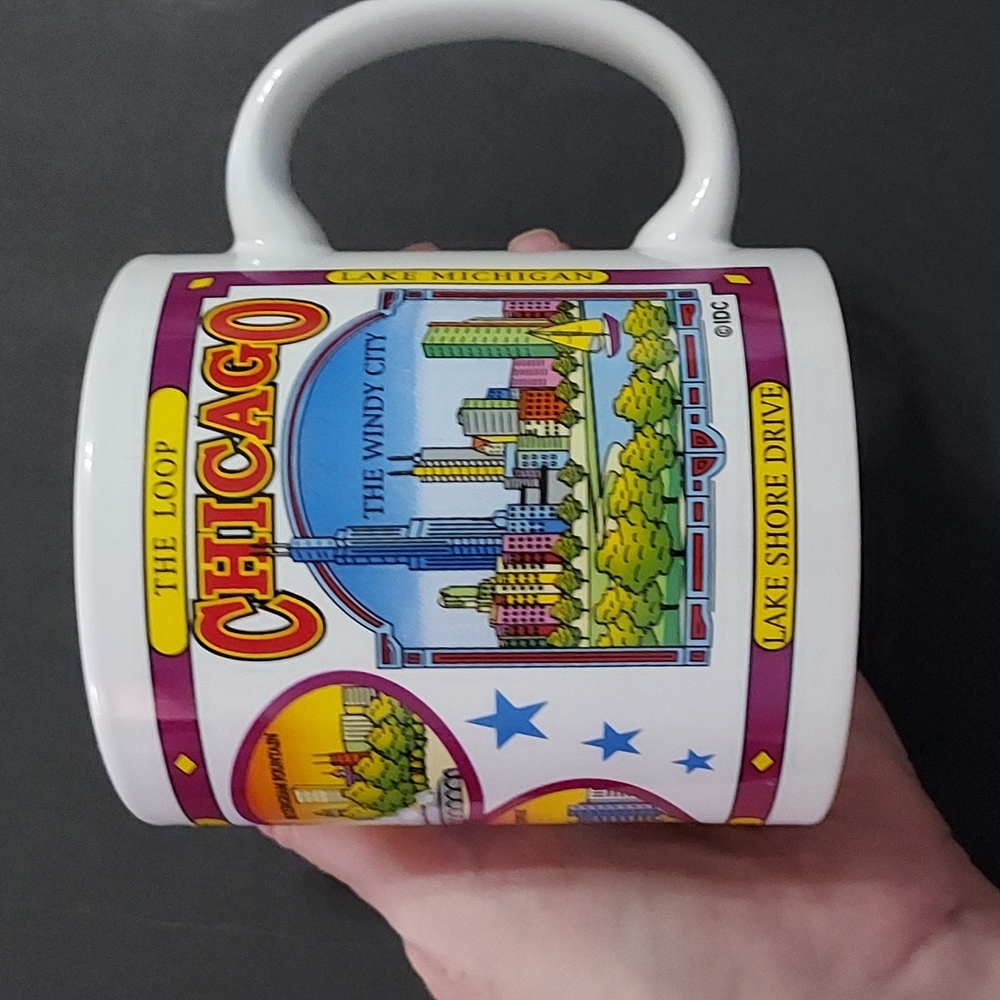 Chicago Tourist Mug, 3 7/8inHx3 1/4in.W mouth of Mug. Multicolors, vibrant color